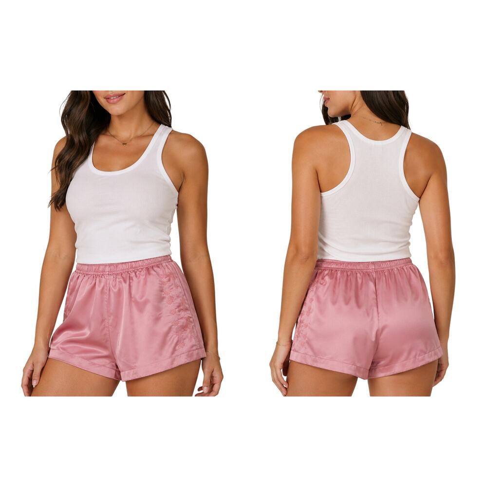 Nasty gal sz L pink satin 2.5" inseam shorts heart embroidered elastic waist EUC